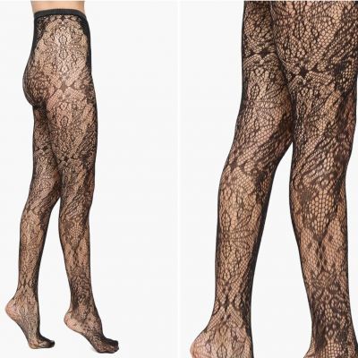 NORDSTROM Black Floral FISHNET Sheer Tights Pantihose *A/B MEDIUM* NIP